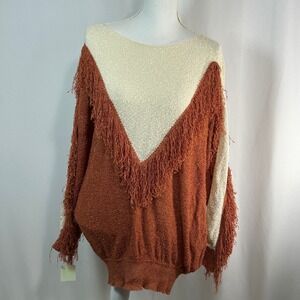Isabell Gerhart French Rags Women's Sweater Cream Rust Fringe V Neck Long Sleeve